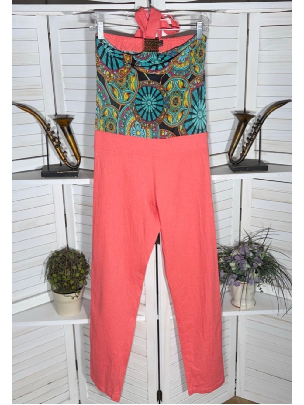 Vintage Y2K BCBG USA linen salmon overalls jumpsuit halter top paisley floral S